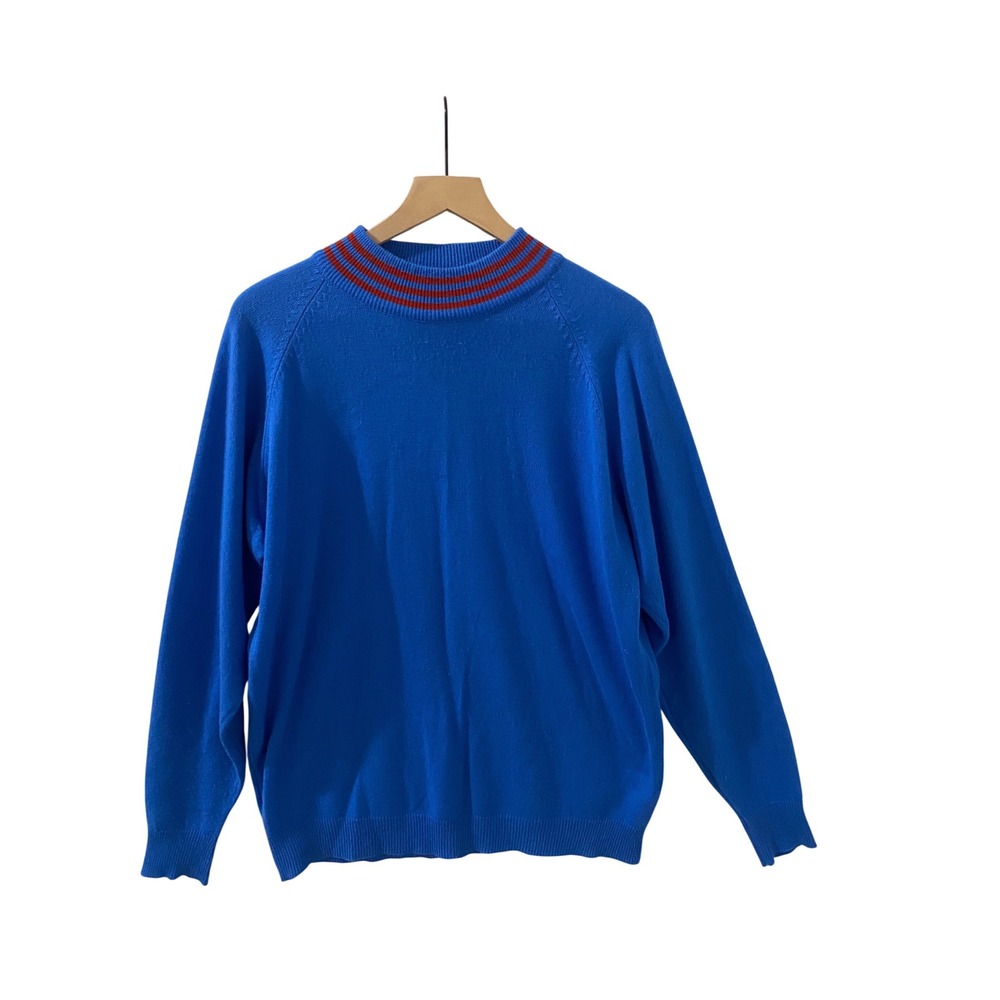 Vintage Full Fashion Mens XL Blue Acrylic Knit Striped Mock Neck Sweater Korea